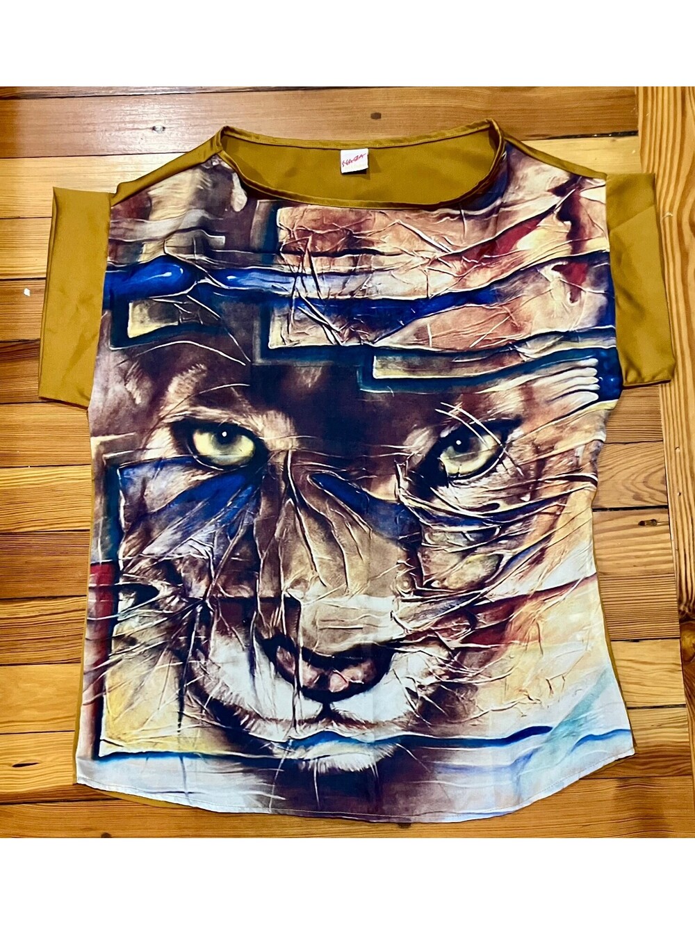Silky Big Cat Face Art Print Top Whimsigoth Y2K Boxy Dolman NAZA Boho M/L